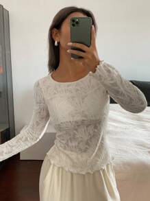 DAZY Semi-Sheer Botanical Print Jacquard Fabric Fitted White Long Sleeve Sleep Top With Built-In Bra For Women Pajama - Apricot - View 6