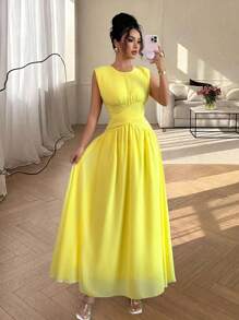 Rafferiza Damen Rundhalsausschnitt Kreuz Taille Plissee Taille Cut Out Chiffon Langes Kleid