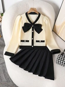 青少年女孩蝴蝶结装饰泡泡袖纽扣上衣和褶皱迷你裙套装 - 黑色 - 查看 9