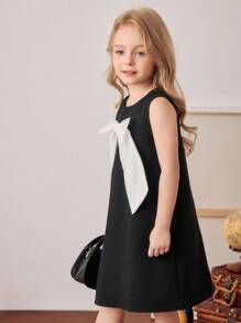 PrepCrw Young Girls' Elegant Sleeveless Round Neck Black Dress With Bow Decor,Summer Birthday Kids A-Line Formal Black And White Dress - Black and White - View 6