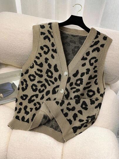 GlowEve CURVE Plus Size Women's V-Neck Casual Leopard Print Knitted Vest