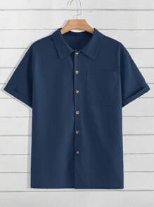 Claim Dot 2pcs Casual Solid Color Shirt & Shorts Set For Men, Summer - Navy Blue - View 6