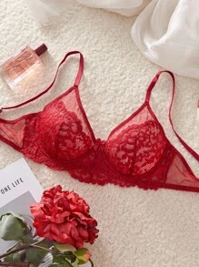 SHEIN Burgundy Push Up Lace Bra Perfect For Elegant And Lingerie Looks Red Lace Bralette Red Lace Bra Lace Bras For Women Red Bra Red Bralette - Burgundy - View 3