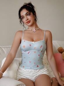 PetitDoll 女士休闲草莓印花蝴蝶结装饰吊带背心