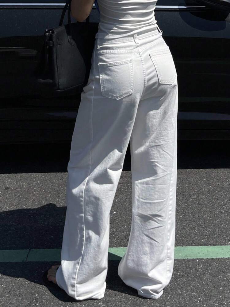 Vintage Distressed White Split Design High Waist Straight Leg Maxi Jeans For Women
