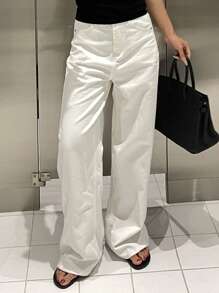 DAZY 复古做旧白色开衩高腰直筒女式长款牛仔裤 - 白色 - 查看 4