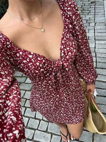 Sunnyshic Ditsy Floral Fitted Long Sleeve Dress Fall Cloth For Women