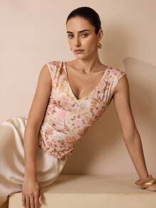 Shutterstock Glamance Damen Elegante Bluse mit Blume Muster V-Ausschnitt, Blumen Top, Blumen Druckoberteil für Date Night Outfits, Damen Lässig - Khaki - Übersicht 3