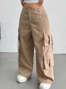 SHEIN Tall CURVE Pantalones casuales holgados de pierna ancha con bolsillos cargo de unicolor para mujer de talla grande - Caqui - Ver 3