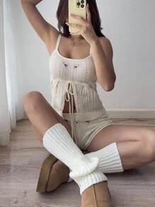 Sunnyshic Sexy & Cute Backless Camisole Top With Embroidery & Matching Embroidered Knit Shorts 2 Pieces Set, Versatile For Vacation - Apricot - View 6
