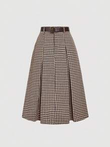 SHEIN MOD 千鸟格纹系带中长A字裙，学院风 - 彩色 - 查看 3