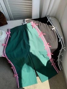 Comfortcana 2025 秋季新品女款两件套休闲 Y2k 侧条纹蝴蝶结裤两件套 Y2k 下装，返校季，撞色裤子，侧条纹松紧腰休闲宽松运动裤，休闲百搭，适合日常街头穿着，工装裤，秋季女装 - 彩色 - 查看 6