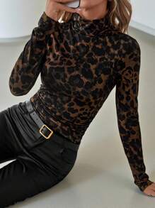 Lavishia Leopard Print Turtleneck Slim Fit Long Sleeve T-Shirt For Women - Multicolor - View 5