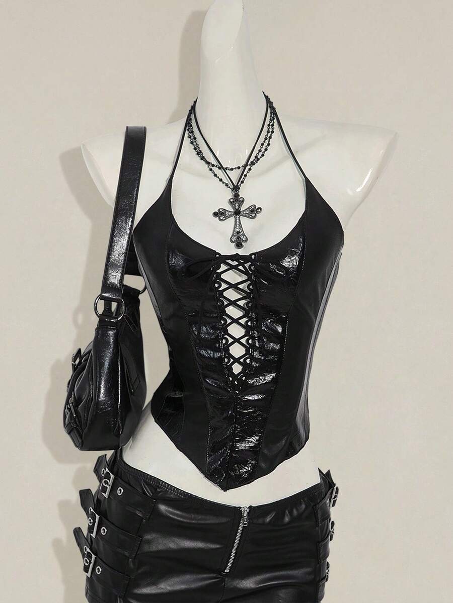 SHEIN ICON Women's Retro Sexy Avant-Garde Fashion Personalized Street Millennial Style Y2K Halloween Wear Sequined Leather Stitching Front Center Strap Pointed Hem Bat Shape Slim Fit Top - Black - View 1