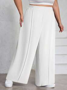 SHEIN CURVE+ Plus Size Women's Solid Color Pleated Pants, Black Loose Wide Leg Pants, Curve Plus, Boho Vacation - White - View 3