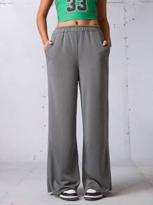 SHEIN Sports Pantalones deportivos para mujer, pantalones de chándal deportivos, pantalones de chándal gris oscuro, ropa deportiva, ropa de entrenamiento, chándal, pantalón ancho, pádel, tenis, pickleball, vuelta al cole, ropa urbana retro, estilo callejero, preppy, blokecore, con cordón, pantalones de otoño-invierno, pantalones de otoño-invierno, tela cálida, color desgastado, pantalones grises sueltos retro - Gris - Ver 5