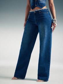 Denimoi 低腰毛边直筒牛仔裤，低腰牛仔裤，时尚 Y2K 性感夏季风格音乐会牛仔裤 - 深色水洗藍 - 查看 4