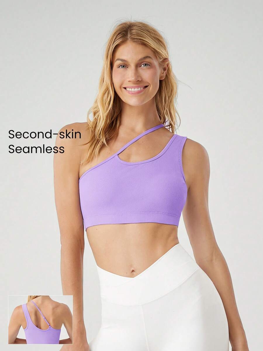 GLOWMODE Seamless Sweat-Wicking Just Breathe Cutout Asymmetrical Shoulder Sports Bra Low Impact Yoga Pilates Daily - Mauve Purple - View 1