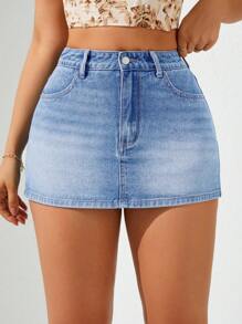 SHEIN ICON Women's Casual Washed Denim Mini Skirt, Summer - Light Wash - View 3