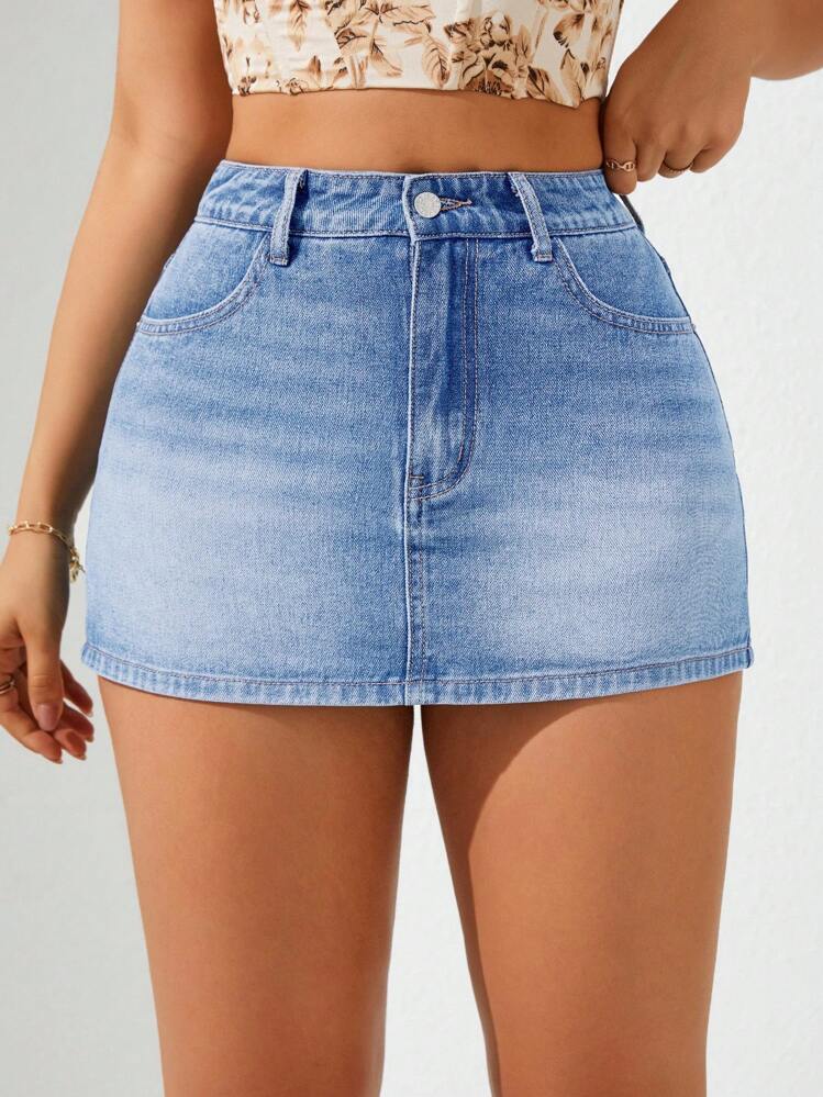 SHEIN ICON 女士休闲水洗牛仔迷你裙，夏季 - 淺色水洗藍 - 查看 3