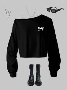 SHEIN 时尚休闲斜肩长袖灰色T恤，适合青少年女孩秋冬季穿着