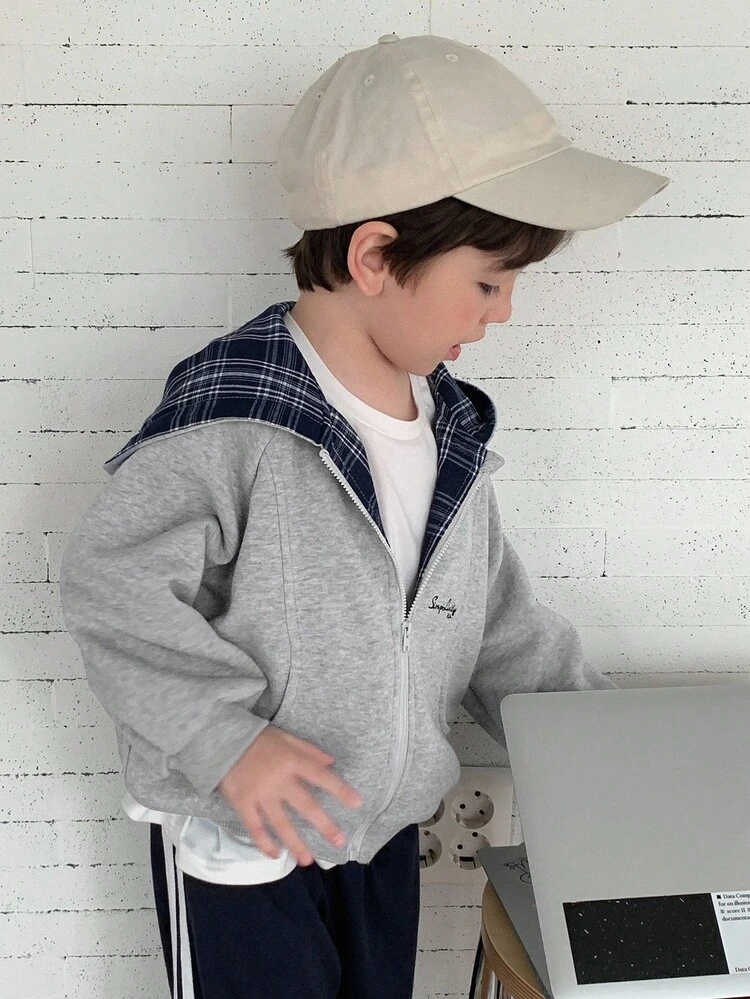 Kids Fall Clothes, Young Boys Thermal Lined Jacket, Patchwork Plaid Hooded, Casual Loose Fit, Letter Print, Minimalist Style, Autumn