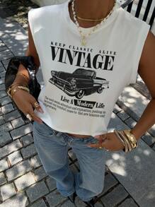 SHEIN Essnce 女士休闲圆领无袖短款背心，复古汽车印花，适合夏季 - 白色 - 查看 5