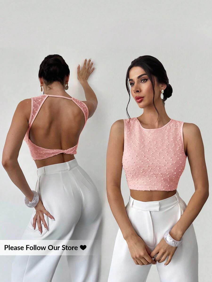 Firerie Women's Apricot Crew Neck Sleeveless Backless T-Shirt Top, Textured Fabric Top, Summer Top, Women's Casual Holiday Top