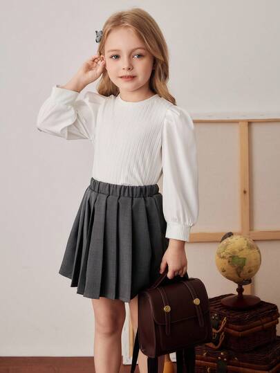 PrepCrw Young Girls' Collegiate Style Puff Sleeve Round Neck T-Shirt And Pleated Skirt Set Girls Pleated Skirt Kids Pleated Skirt Girls School Clothes Girls Autumn Clothes Gray Pleated Skirt