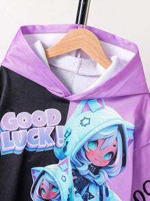 Sparklyn Tween Girls 休闲“Lucky Gamer Girl”3D 数码印花连帽运动衫，舒适运动风格连帽衫套装，适合秋冬 - 彩色 - 查看 8