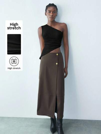 Maija Women's Asymmetric Hem Metal Decor One-Shoulder Sleeveless Cropped Fitted Tank Top, Multi-Purpose Stylish & Unique Design, Coffee Color Vintage Coin Look, Casual Business Business Casual Women's Wear, Office Wear, Low-Key Old Money Style, Effortless Temperament, High-End Urban Commuting, The Same Style As The Editor-In-Chief Of The Magazine, Urban Social Vacation Party Wear, Charming, Low-Key And Durable Basic Style, Versatile And Not Picky, Street Fashion Wear