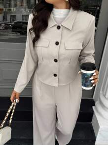 Easura Ensemble 2 pièces grande taille, veste et pantalon décontracté de couleur unie