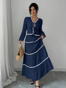 Rafferiza Women's French Elegant Lantern Sleeve Ruffle Trim Bowknot Blouse And Skirt 2 Pieces Set Fall Cloth For Women - Navy Blue - View 3