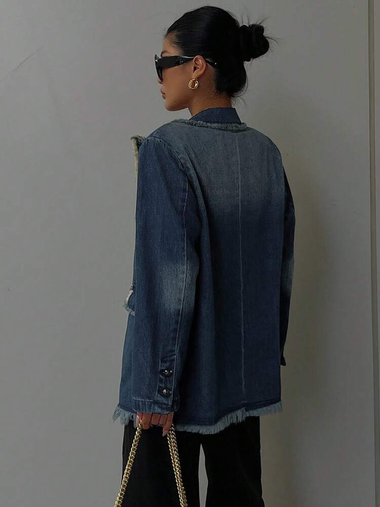 Oversized Vintage Washed Frayed Hem Denim Jacket Fall/Winter
