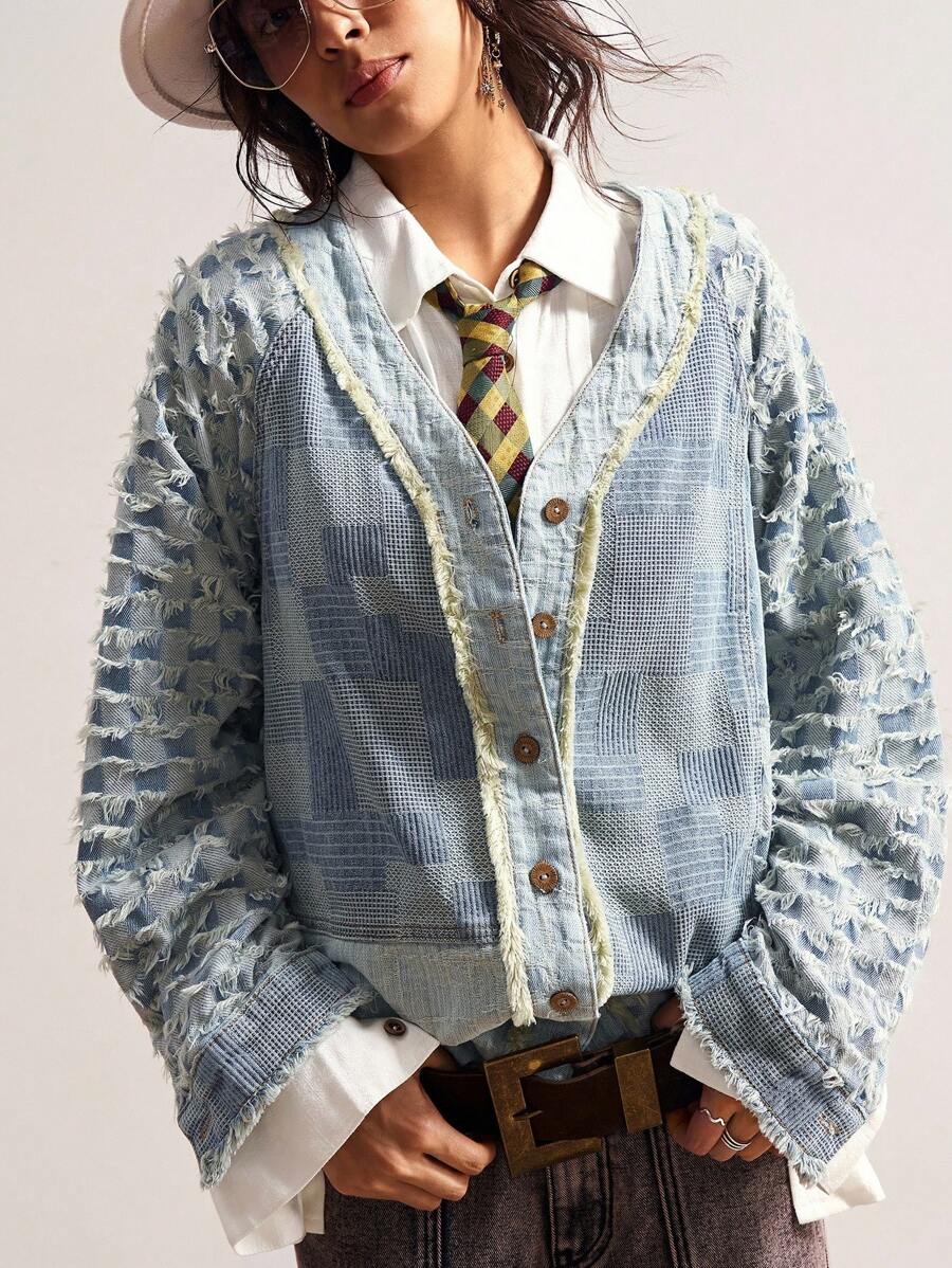 Bohemela 女士时尚休闲度假牛仔纽扣衬衫 - 藍色 - 查看 1