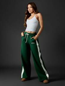 Missguided x Playboy Vintage Style Wide Leg Sweatpants Racing Stripe Side Panel Contrast Retro Track Pants Joggers With Drawstring Elastic Waist Double Side Pockets Fall Winter - Green - View 5