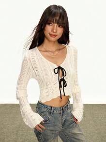 INAWLY Women's Fashionable Vintage Elegant Bowknot Knitted Hollow Out Cardigan Fall Winter Cloth For Women - White - View 5