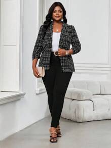 SHEIN Lady 大码女式秋季办公室装格子印花缺口领西装外套 - 黑色 - 查看 4