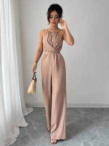 Elenzga Mono largo informal de mujer para primavera/verano de tela arrugada caqui con escote halter, cuentas en la cintura, diseño con botones y cordón