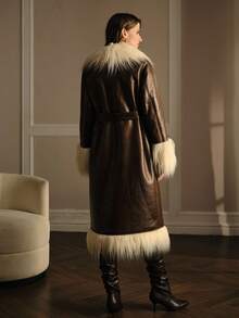 MOTF PREMIUM CHIC FAUX FUR CONTRAST COLOR LONG BELTED COAT, AUTUMN/WINTER - Coffee Brown - View 7