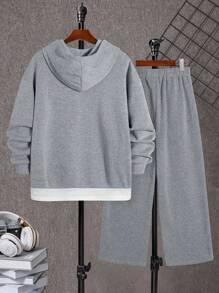 SHEIN Teen Boys Fleece Grey 2 In 1 Sweatshirt & Pants Set, Casual College Style, Comfortable, Fashionable, Versatile, Soft Fabric, Suitable For Daily Wear, School, Travel, Outdoor Sports, All Seasons Grey Sweatsuit Grey Sweatpants Set Grey Hoodie And Sweatpants Set  Winter Clothes   Autumn Clothes    Tracksuit   Christmas   Winter Clothing   Pullover Fall