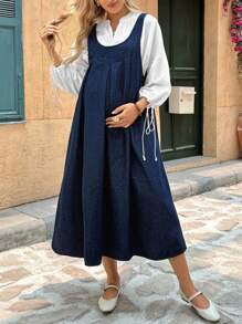 SHEIN Maternity Fall Autumn Back To School Homecoming Halloween Y2k Cute Birthday Outfit Night Out Going Out Club Outfit Airport Outfit Business Casual Woman Country Vintage Modest Old Money Business Casual Woman Work Clothes Teacher Outfits For Women Church Outfits Women Solid Color Casual Sleeveless Blue Denim Dress Can Be Worn In Two Ways: Front Or Back - Blue - View 2