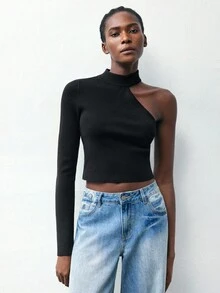 Maija 女士休闲纯色单肩长袖短款毛衣万圣节服装女士休闲衬衫黑色上衣秋冬女装 - 黑色 - 查看 6