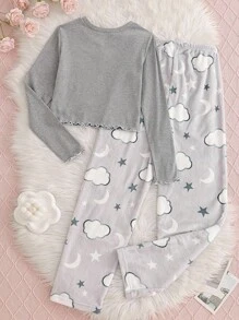 2 件套女士和少女优雅深灰色简约长袖睡衣套装 - 深灰色 - 查看 2