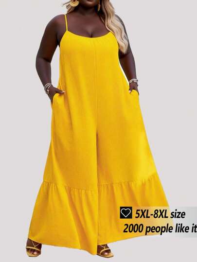 SHEIN CURVE+ 大码女式春夏休闲连体裤，纯色度假连体裤，带口袋