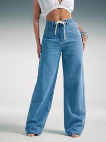 Denimoi Straight Leg Drawstring Tie Waist Denim Jeans Summer Vacation Straight Jeans Drawstring Jeans - Light Wash - View 2
