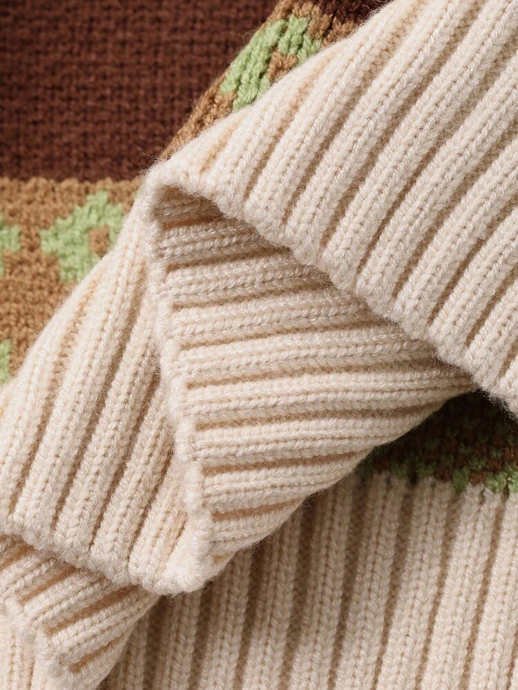 Young Boys' Loose Fit Crew Neck Patterned Sweater, Casual Autumn Fair Isle Style Vacation