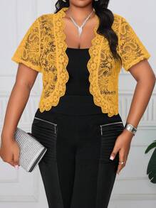 SHEIN Lady Plus Size Solid Color Short Sleeve Lace Jacket, Valentine's Day Gifts, Summer Festival Fall Winter Autumn