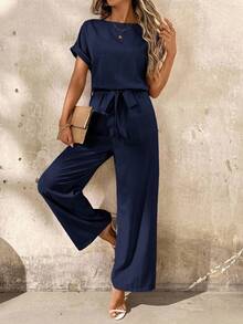 SHEIN Clasi 女士度假花卉蕾丝边圆领蝙蝠袖宽松连体裤 - 藏蓝色 - 查看 8