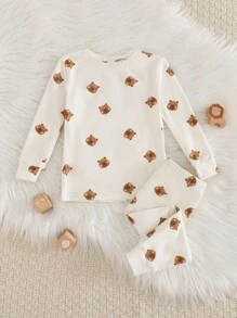 Cozy Pixies 少女卡通熊印花针织柔软圆领长袖上衣和松紧腰长裤两件套舒适睡衣套装 - 彩色 - 查看 2